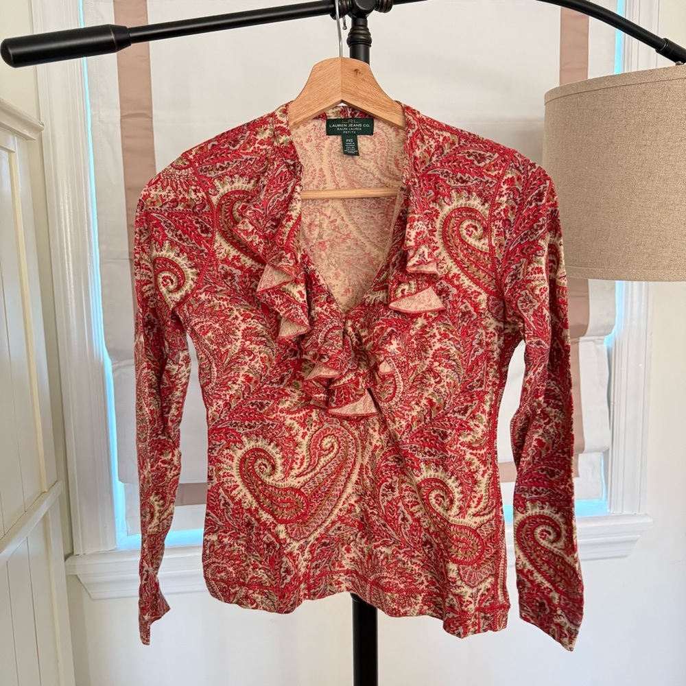 Ralph Lauren LRL Jeans & Co Paisley Red and Cream Ruffle Blouse
